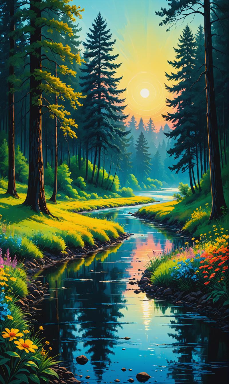 01065-1383715252-Printmaking A natural landscape with trees, flowers and a river. The landscape is printed on paper with loose brush strokes and.png